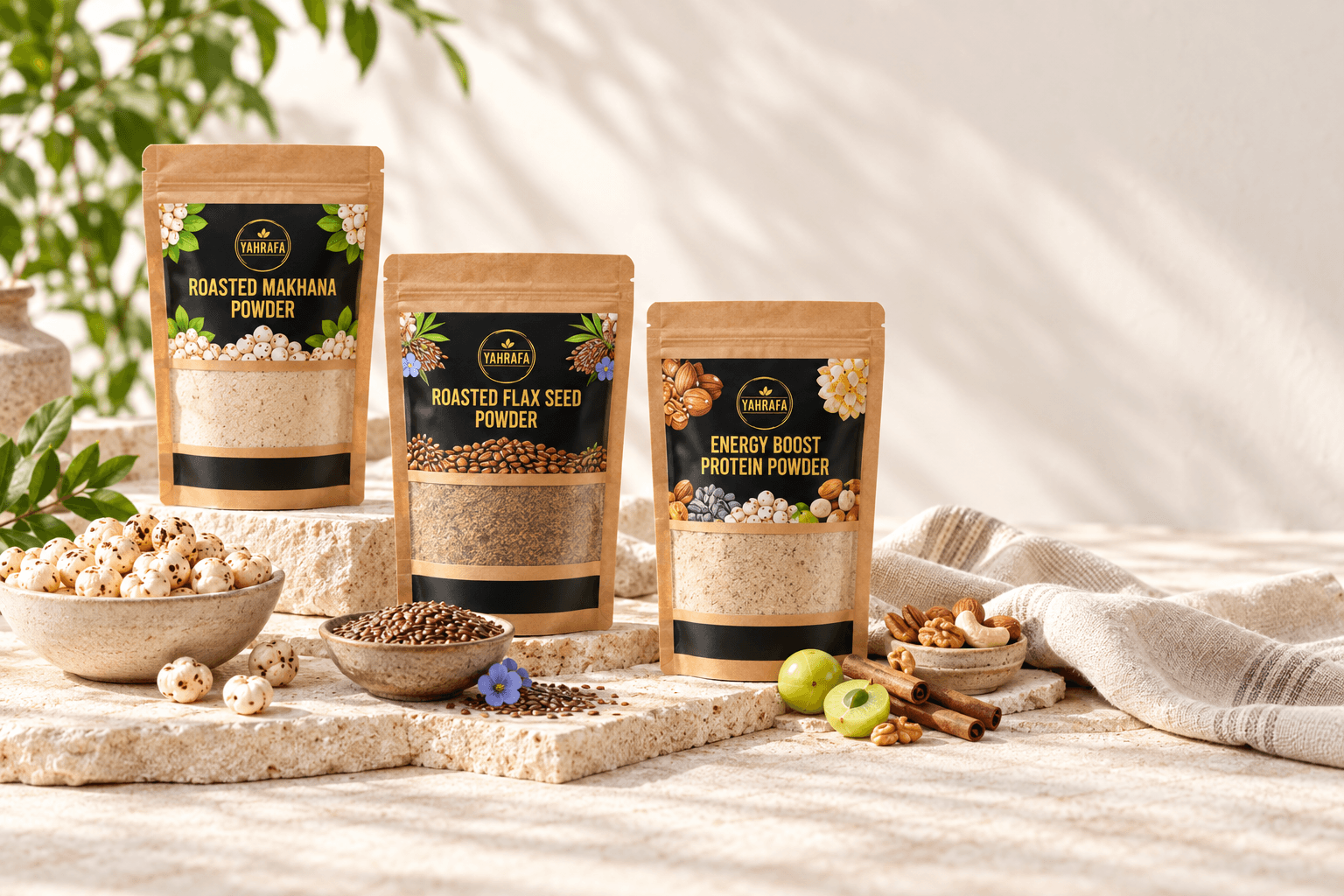 Yahrafa pantry powders with makhana and flax ingredients