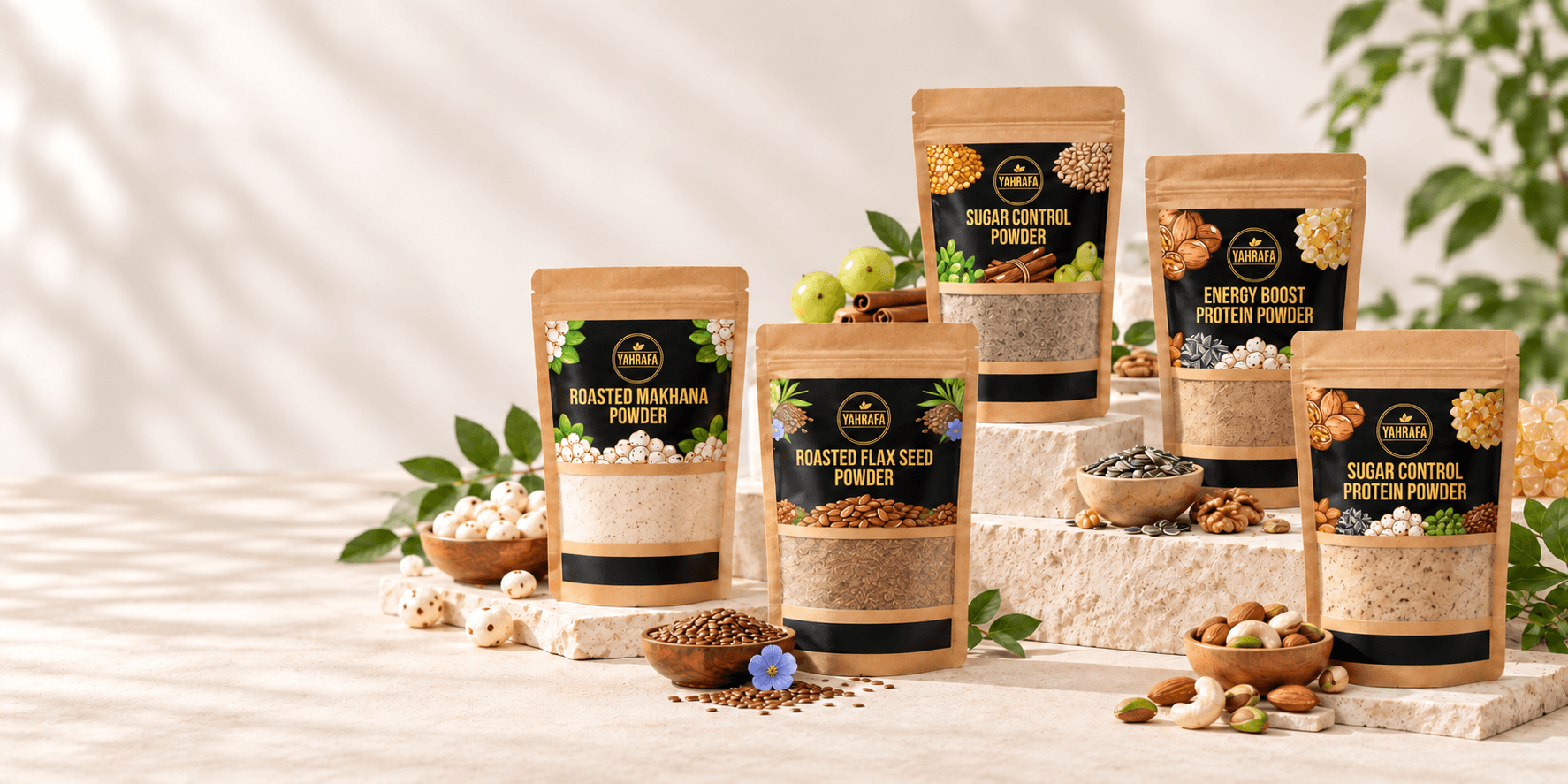 Yahrafa pantry powders in kraft window pouches